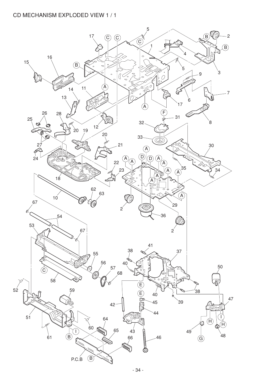 Cd mechanism exploded view 1 / 1 | Aiwa CDC-Z107 User Manual | Page 34 / 36