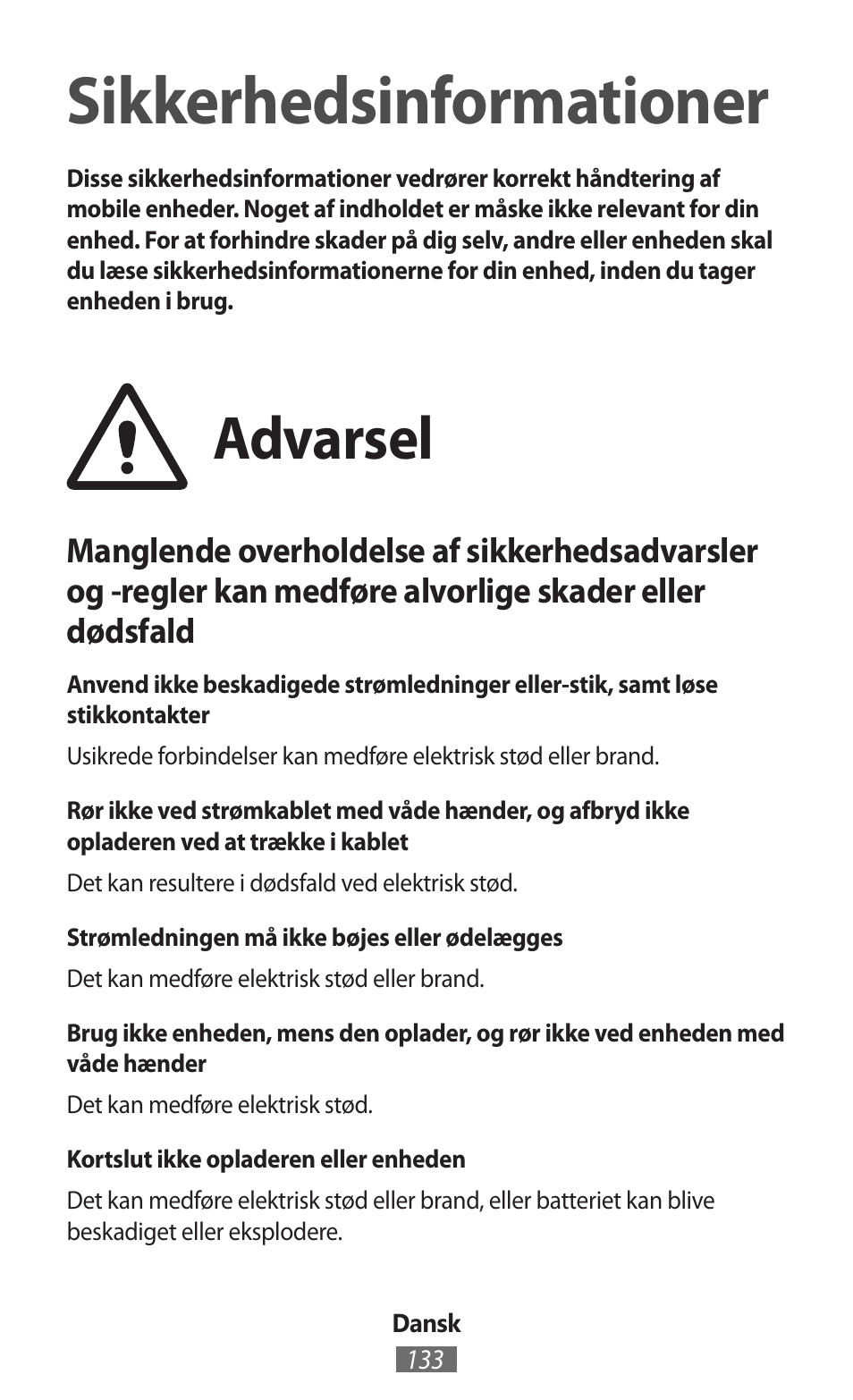 Dansk, Sikkerhedsinformationer, Advarsel | Samsung SM-R380 User Manual | Page 134 / 674