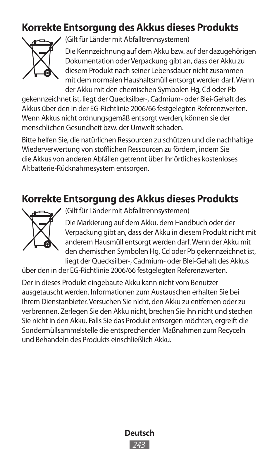 Korrekte entsorgung des akkus dieses produkts | Samsung SM-R380 User Manual | Page 244 / 674