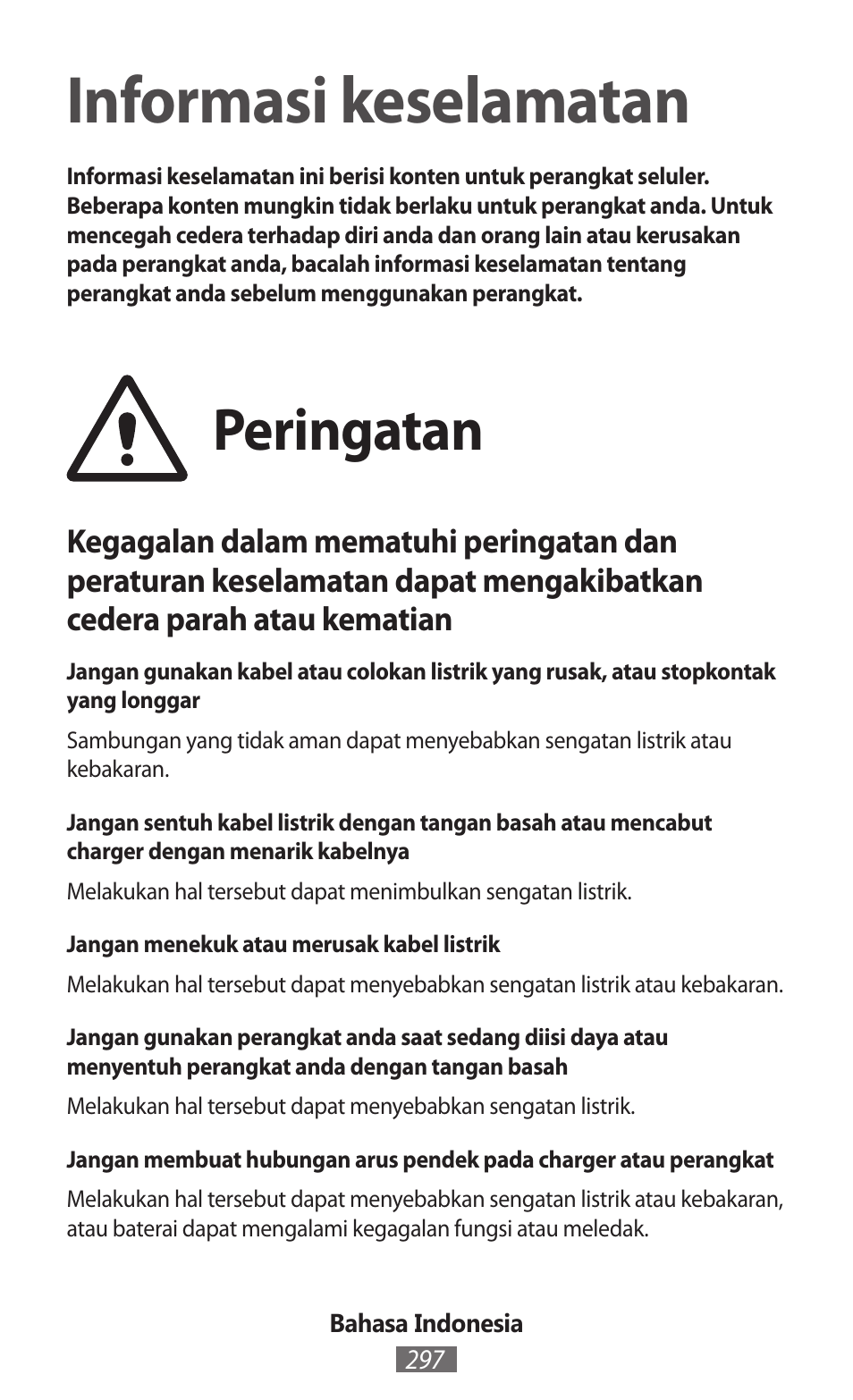 Bahasa indonesia, Informasi keselamatan, Peringatan | Samsung SM-R380 User Manual | Page 298 / 674