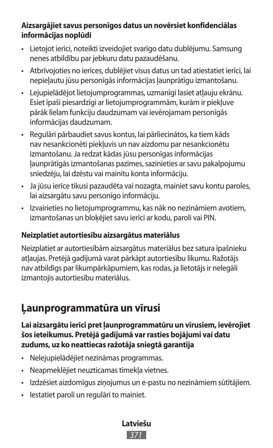 Ļaunprogrammatūra un vīrusi | Samsung SM-R380 User Manual | Page 372 / 674
