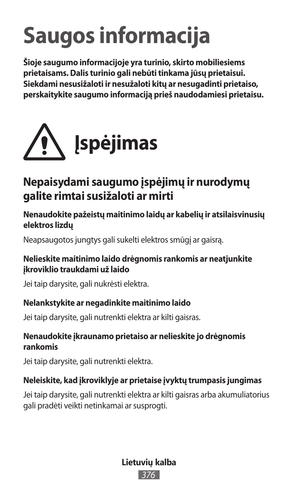 Lietuvių kalba, Saugos informacija, Įspėjimas | Samsung SM-R380 User Manual | Page 377 / 674