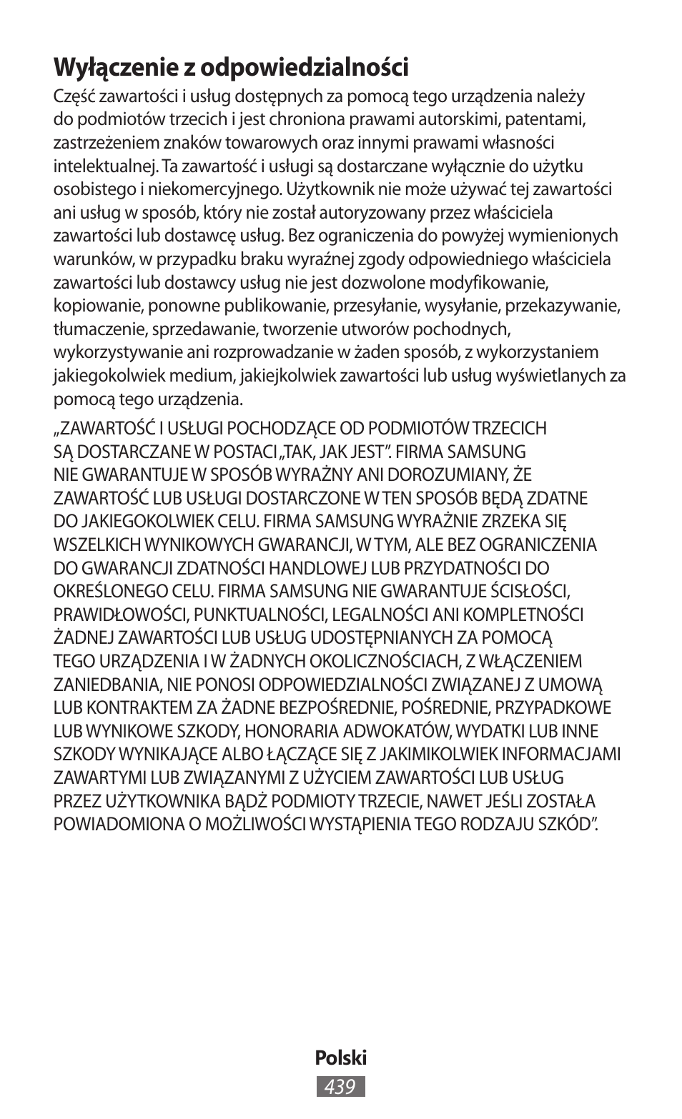 Wyłączenie z odpowiedzialności | Samsung SM-R380 User Manual | Page 440 / 674