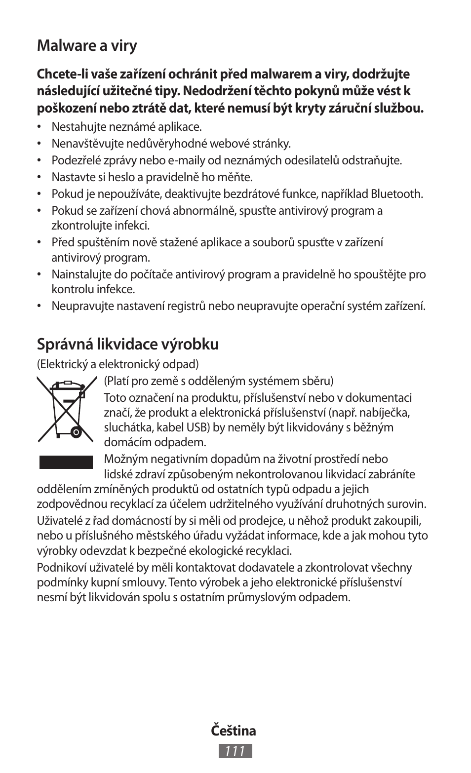 Malware a viry, Správná likvidace výrobku | Samsung GT-I8750 User Manual | Page 112 / 558