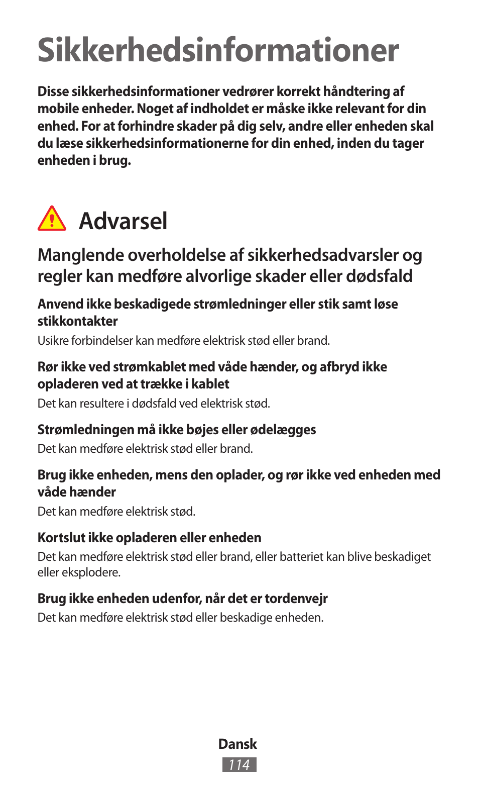 Dansk, Sikkerhedsinformationer, Advarsel | Samsung GT-I8750 User Manual | Page 115 / 558