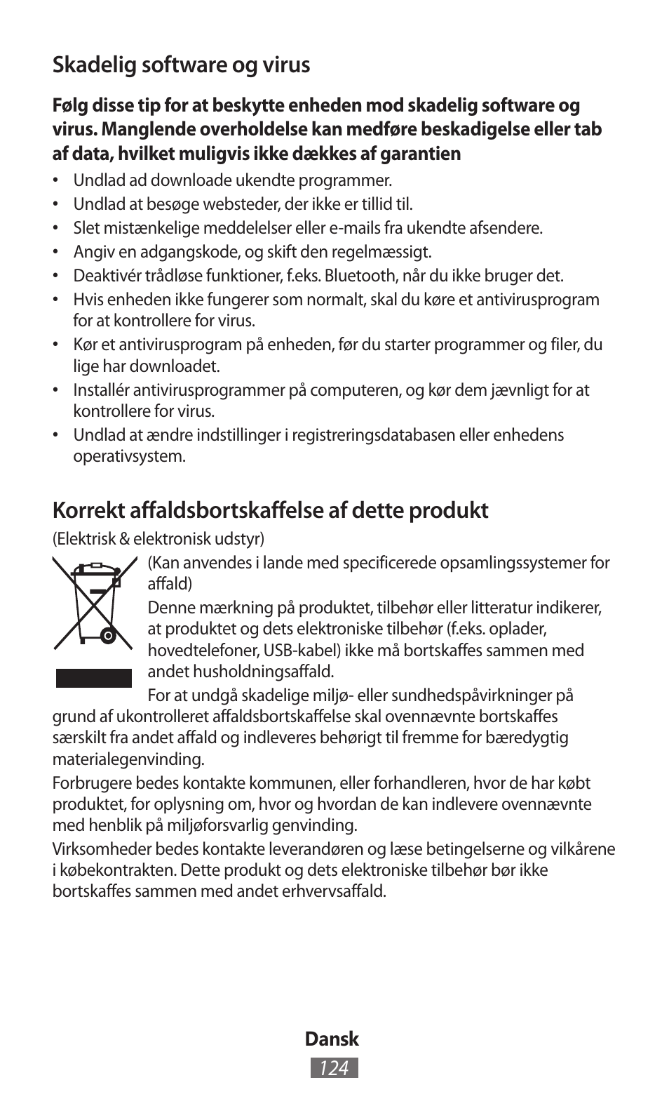 Skadelig software og virus, Korrekt affaldsbortskaffelse af dette produkt | Samsung GT-I8750 User Manual | Page 125 / 558