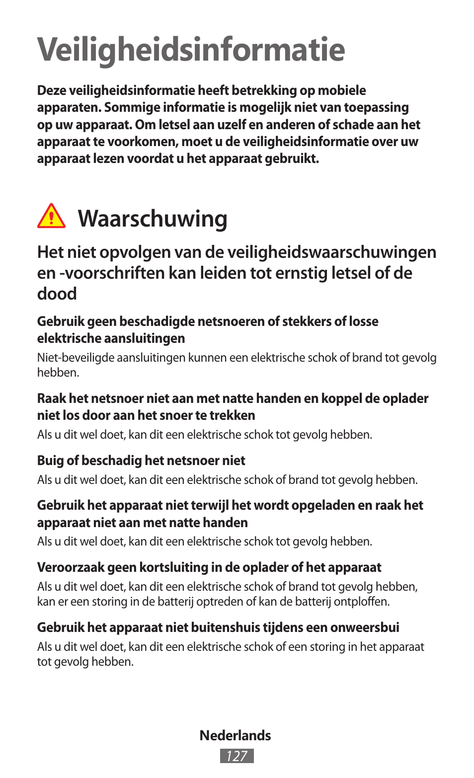 Nederlands, Veiligheidsinformatie, Waarschuwing | Samsung GT-I8750 User Manual | Page 128 / 558