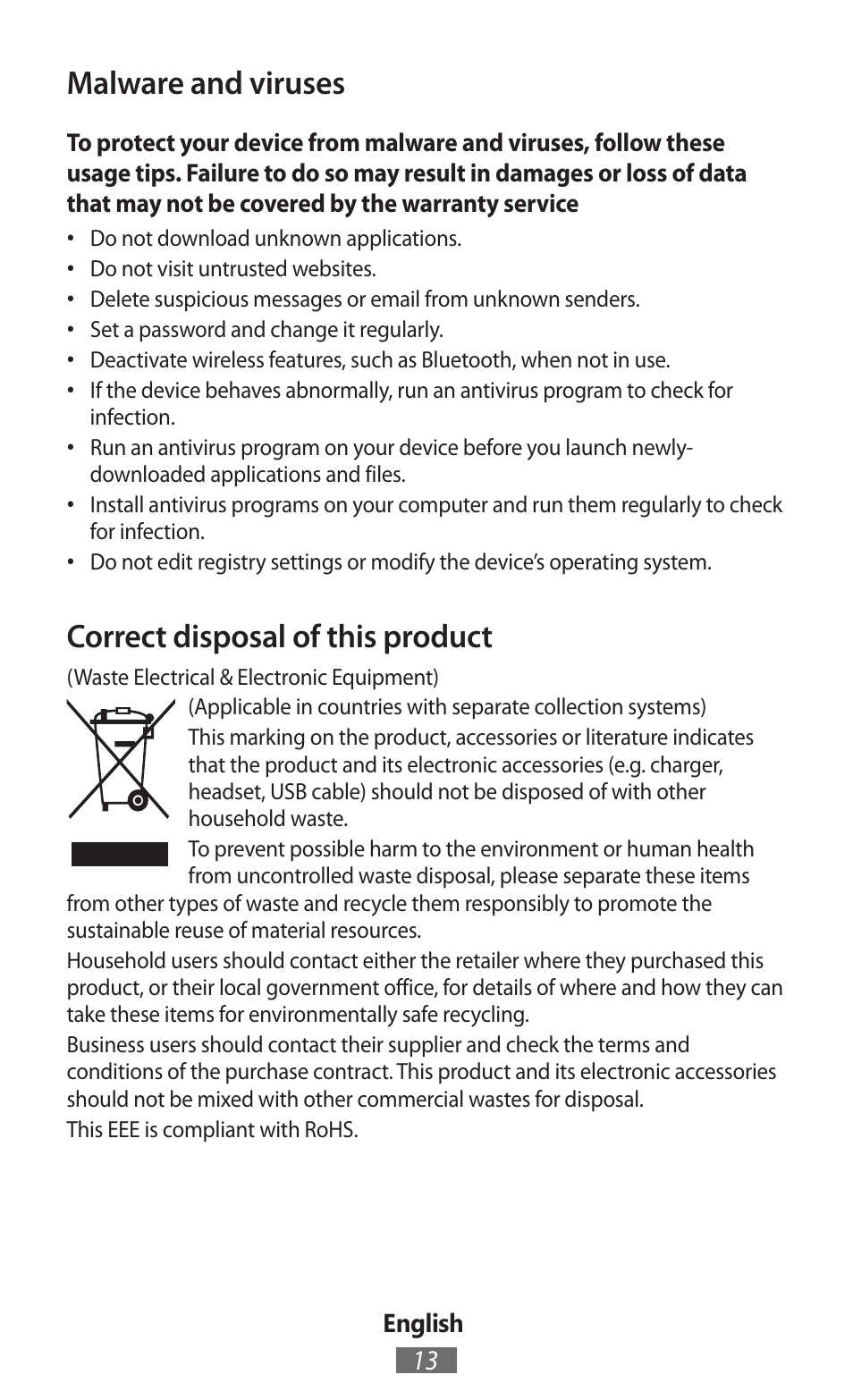 Malware and viruses, Correct disposal of this product | Samsung GT-I8750 User Manual | Page 14 / 558