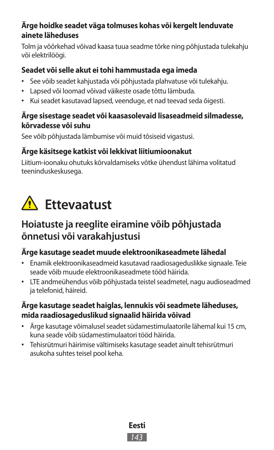 Ettevaatust | Samsung GT-I8750 User Manual | Page 144 / 558