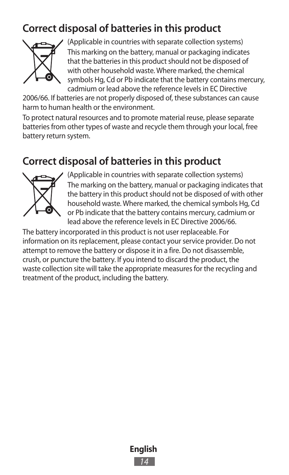 Correct disposal of batteries in this product | Samsung GT-I8750 User Manual | Page 15 / 558