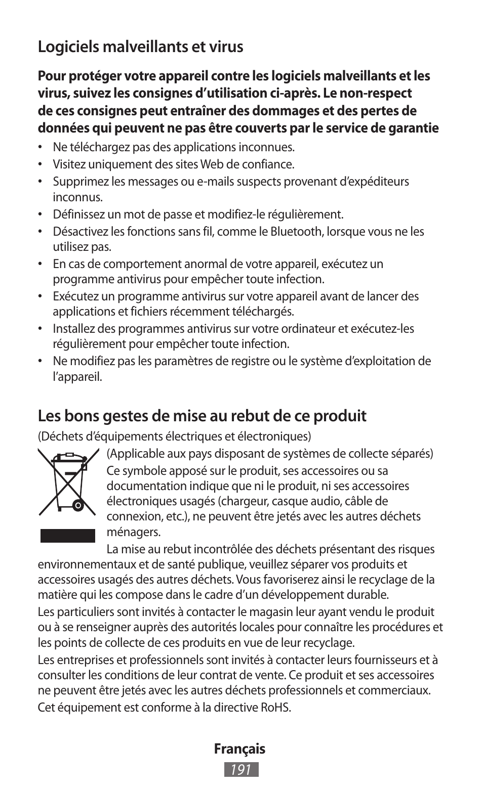 Logiciels malveillants et virus, Les bons gestes de mise au rebut de ce produit | Samsung GT-I8750 User Manual | Page 192 / 558