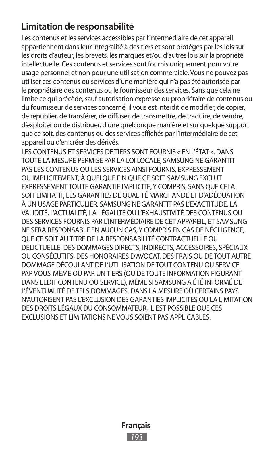 Limitation de responsabilité | Samsung GT-I8750 User Manual | Page 194 / 558