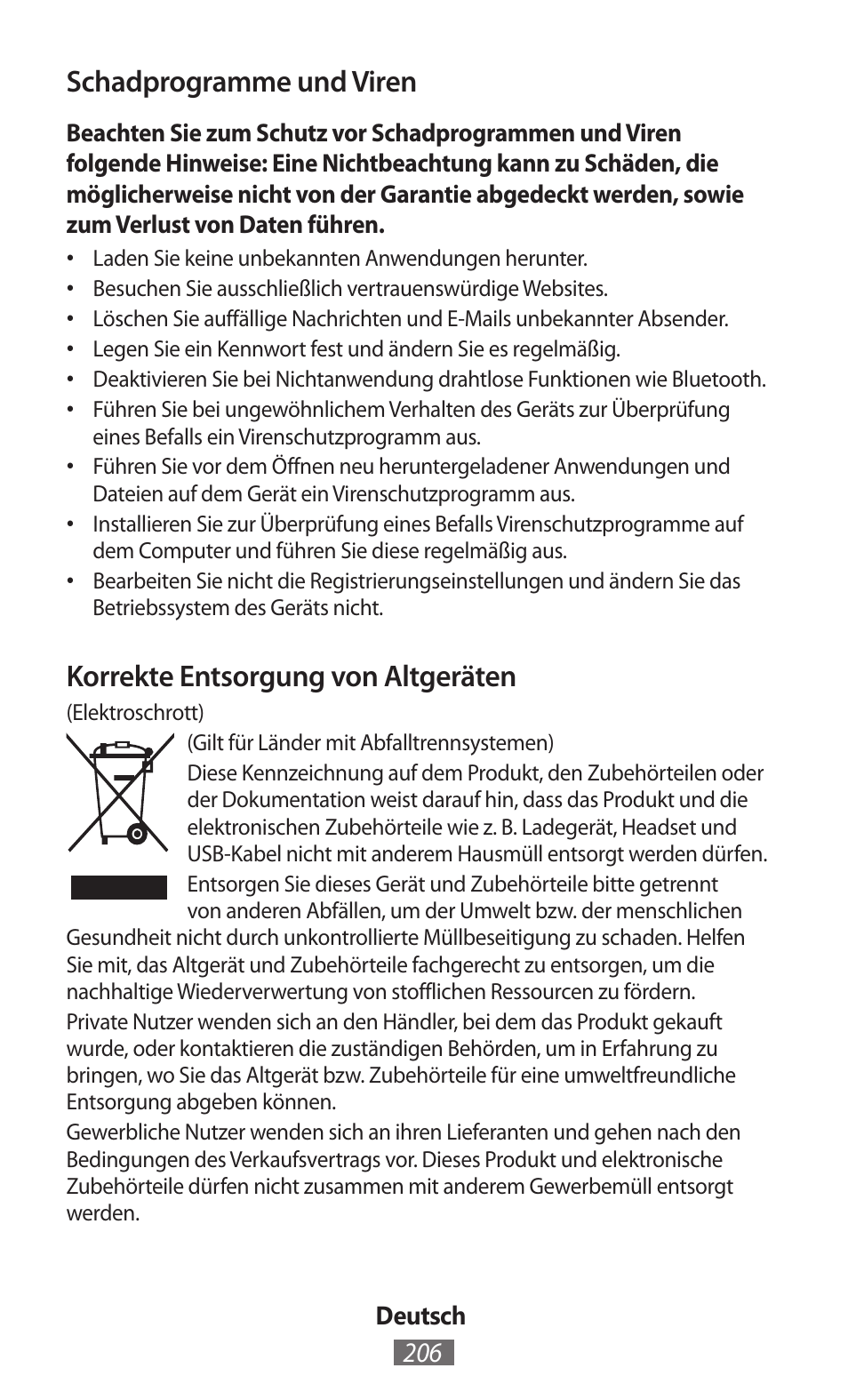 Schadprogramme und viren, Korrekte entsorgung von altgeräten | Samsung GT-I8750 User Manual | Page 207 / 558