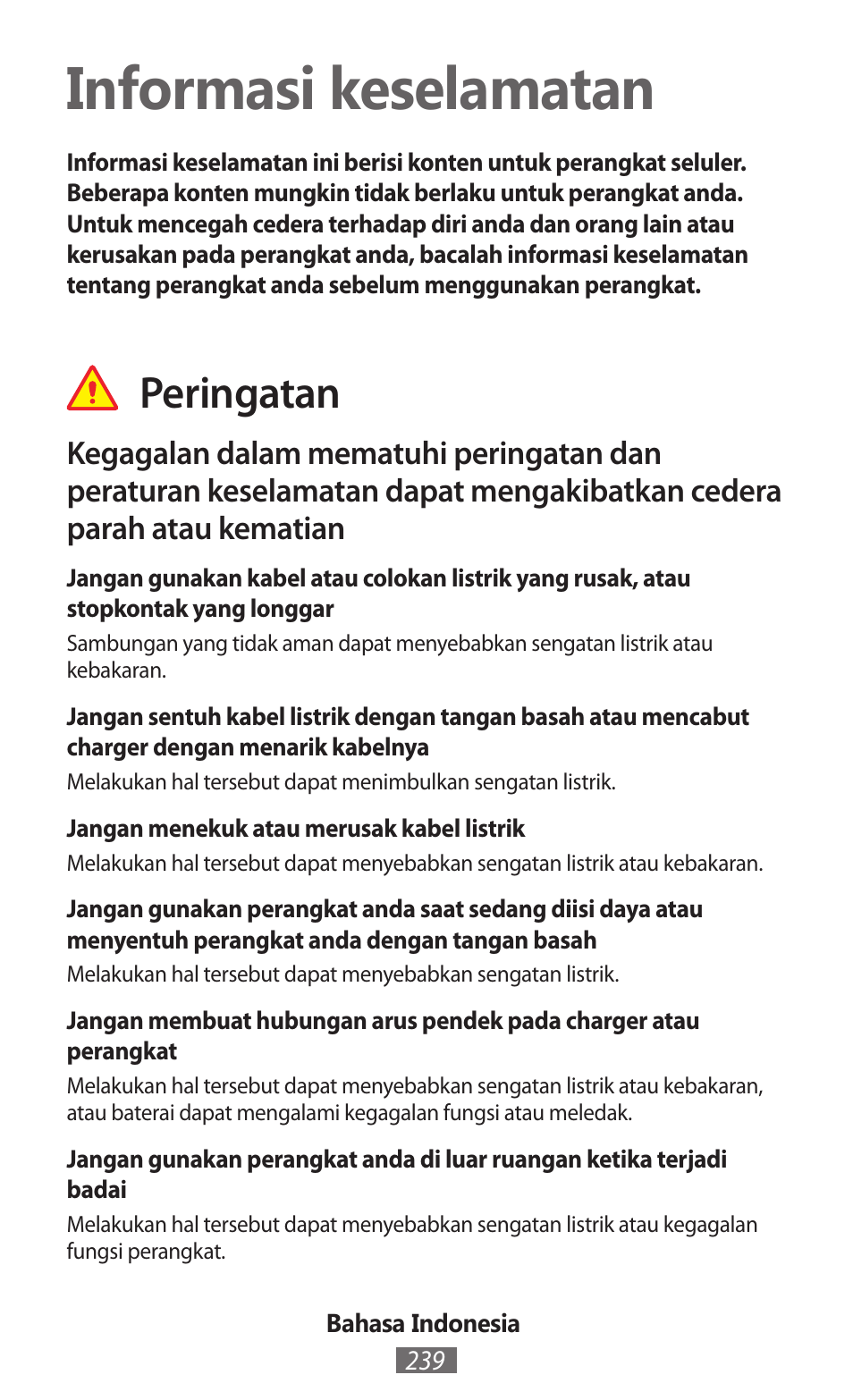 Bahasa indonesia, Informasi keselamatan, Peringatan | Samsung GT-I8750 User Manual | Page 240 / 558