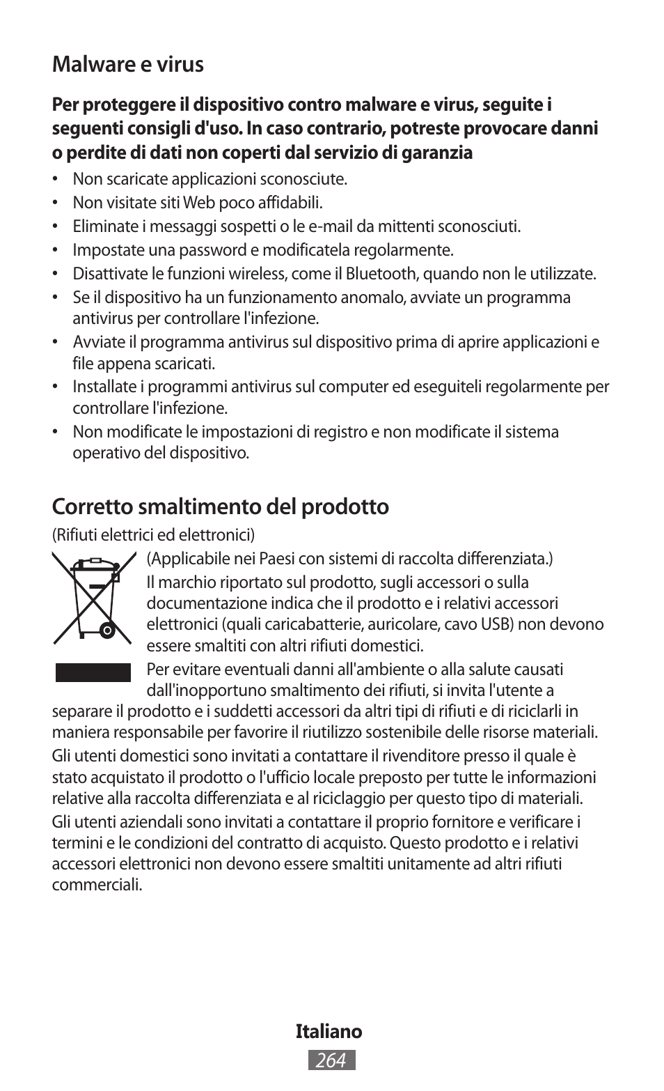 Malware e virus, Corretto smaltimento del prodotto | Samsung GT-I8750 User Manual | Page 265 / 558