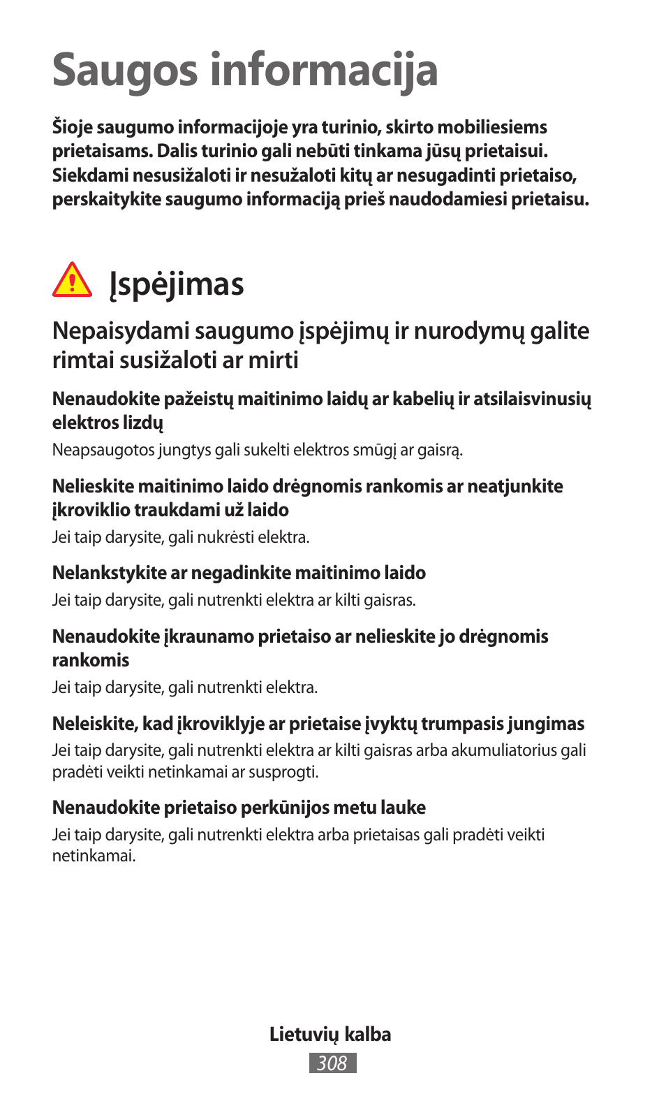 Lietuvių kalba, Saugos informacija, Įspėjimas | Samsung GT-I8750 User Manual | Page 309 / 558