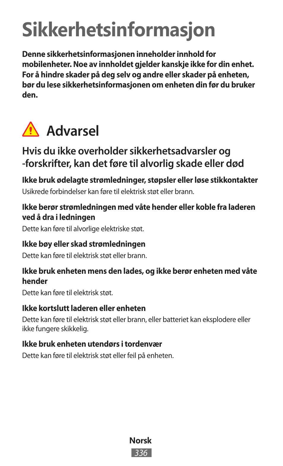 Norsk, Sikkerhetsinformasjon, Advarsel | Samsung GT-I8750 User Manual | Page 337 / 558