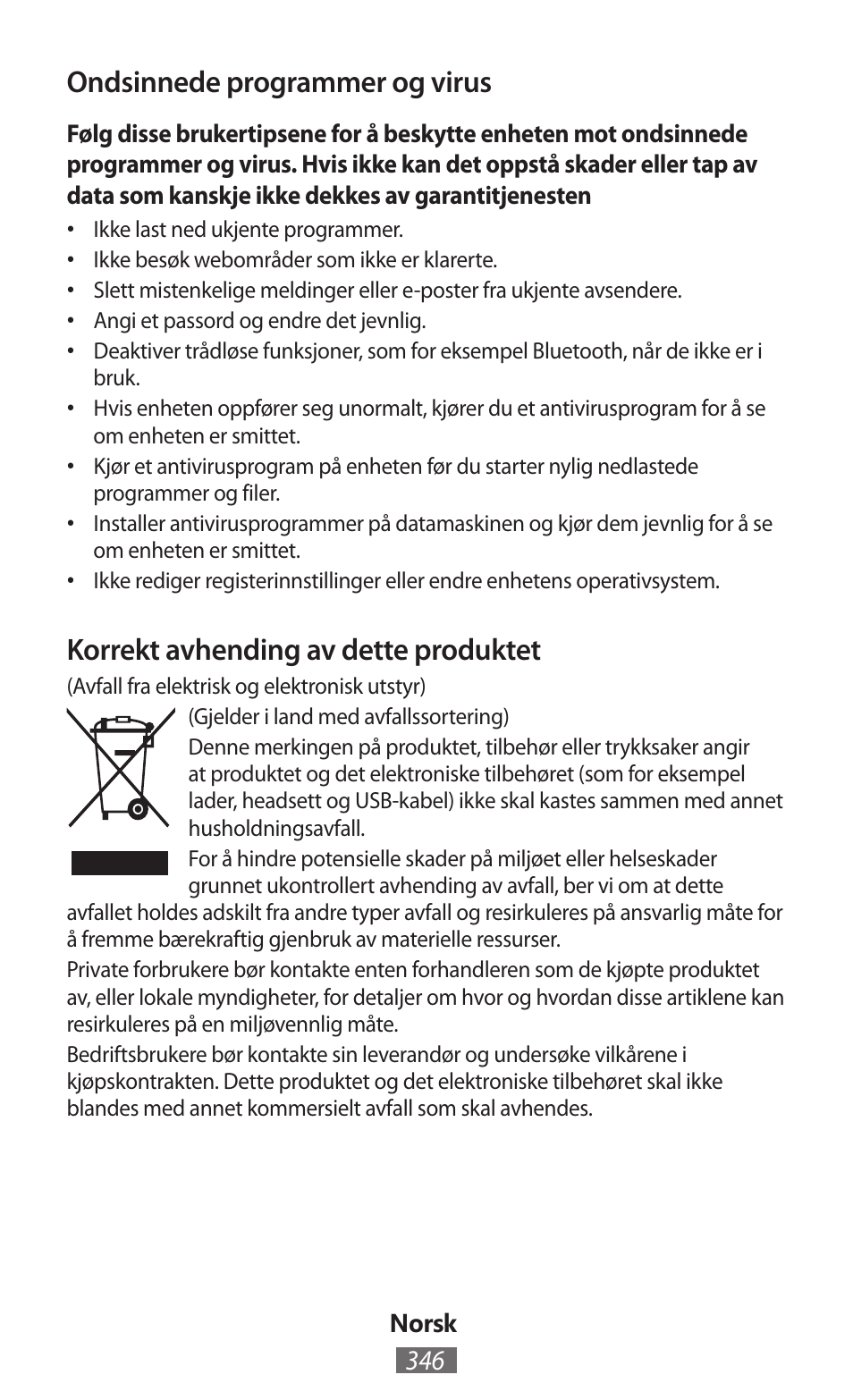 Ondsinnede programmer og virus, Korrekt avhending av dette produktet | Samsung GT-I8750 User Manual | Page 347 / 558
