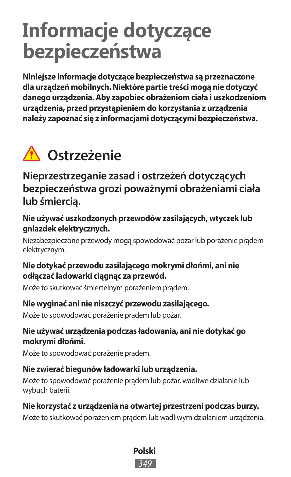 Polski, Informacje dotyczące bezpieczeństwa, Ostrzeżenie | Samsung GT-I8750 User Manual | Page 350 / 558