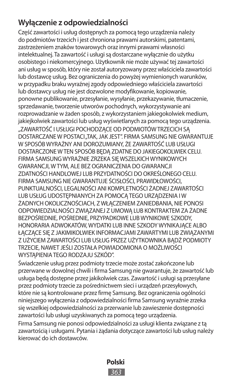 Wyłączenie z odpowiedzialności | Samsung GT-I8750 User Manual | Page 364 / 558