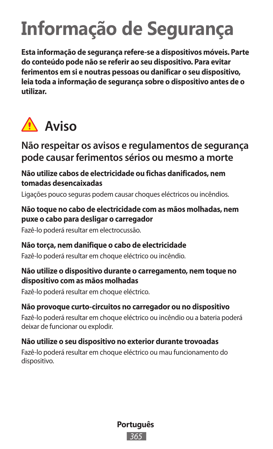 Português, Informação de segurança, Aviso | Samsung GT-I8750 User Manual | Page 366 / 558