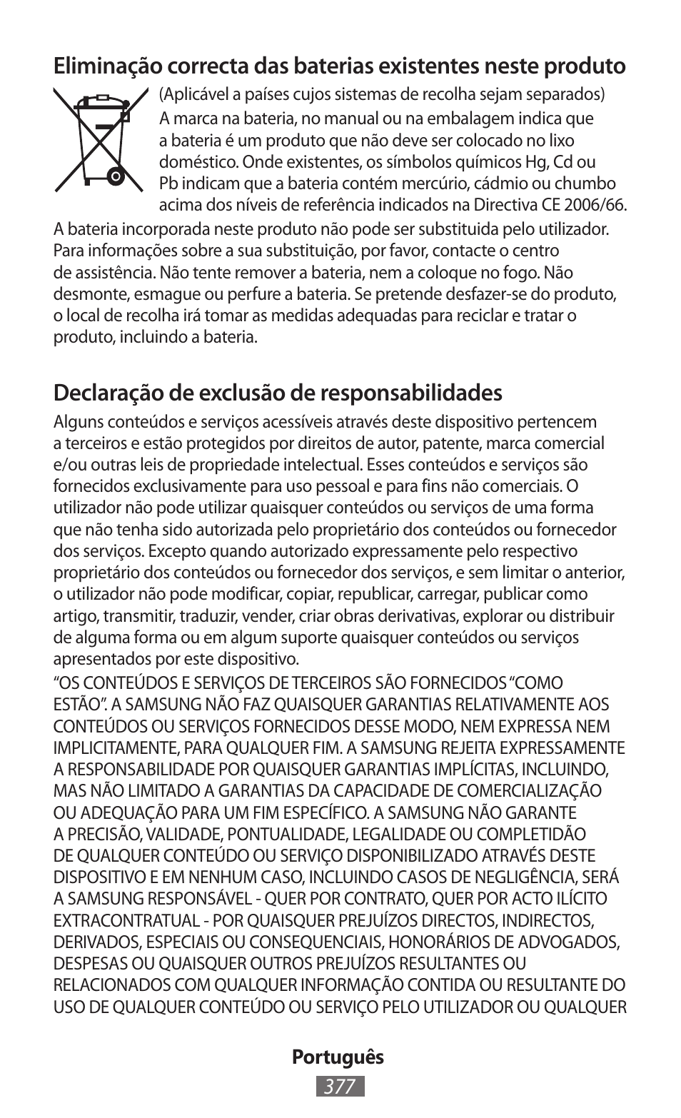 Declaração de exclusão de responsabilidades | Samsung GT-I8750 User Manual | Page 378 / 558