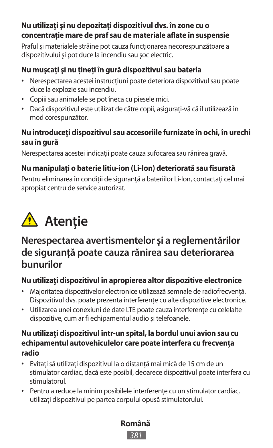 Atenţie | Samsung GT-I8750 User Manual | Page 382 / 558