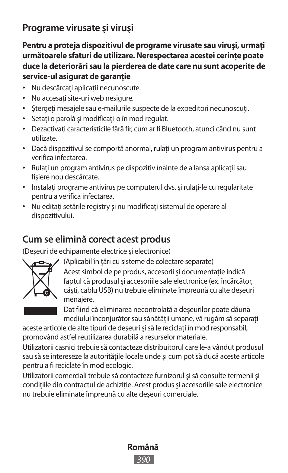 Programe virusate şi viruşi, Cum se elimină corect acest produs | Samsung GT-I8750 User Manual | Page 391 / 558
