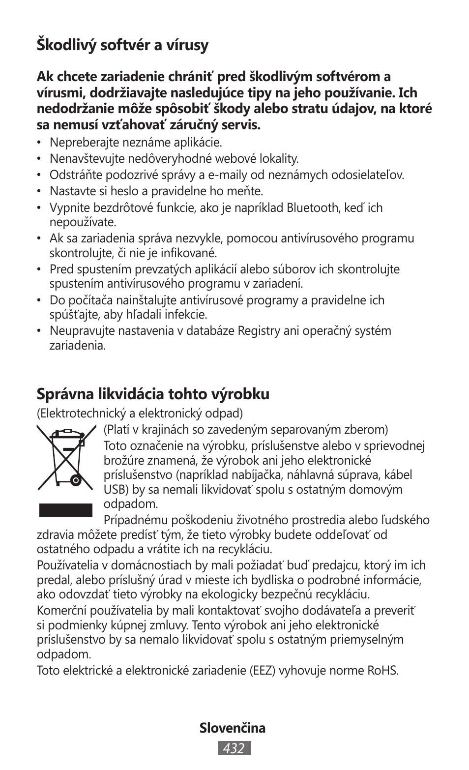Škodlivý softvér a vírusy, Správna likvidácia tohto výrobku | Samsung GT-I8750 User Manual | Page 433 / 558