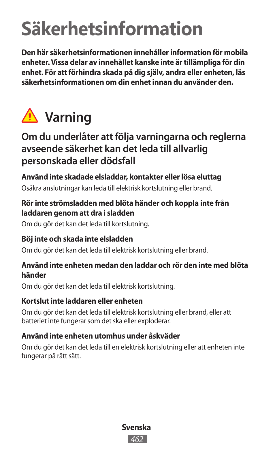 Svenska, Säkerhetsinformation, Varning | Samsung GT-I8750 User Manual | Page 463 / 558