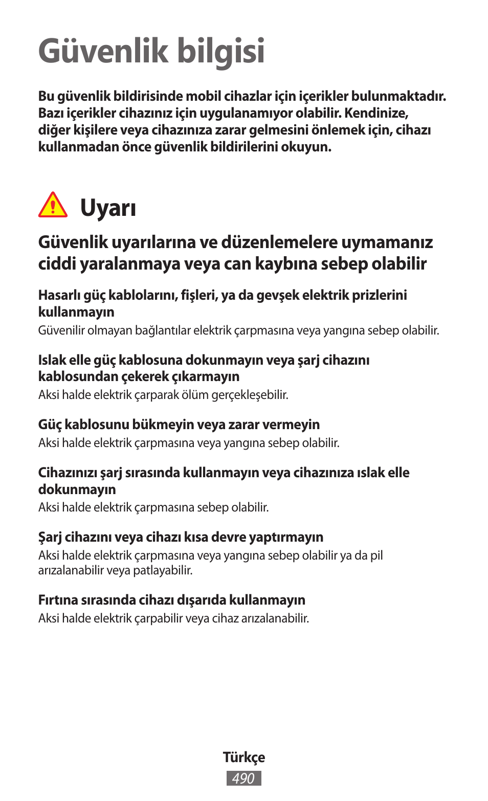 Türkçe, Güvenlik bilgisi, Uyarı | Samsung GT-I8750 User Manual | Page 491 / 558