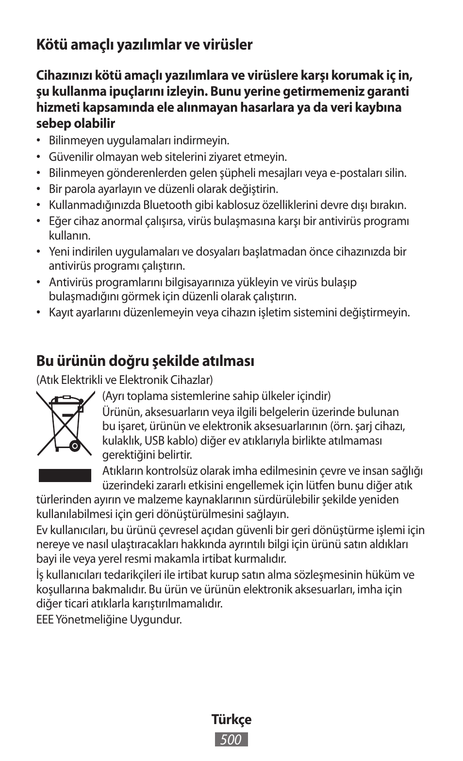 Kötü amaçlı yazılımlar ve virüsler, Bu ürünün doğru şekilde atılması | Samsung GT-I8750 User Manual | Page 501 / 558