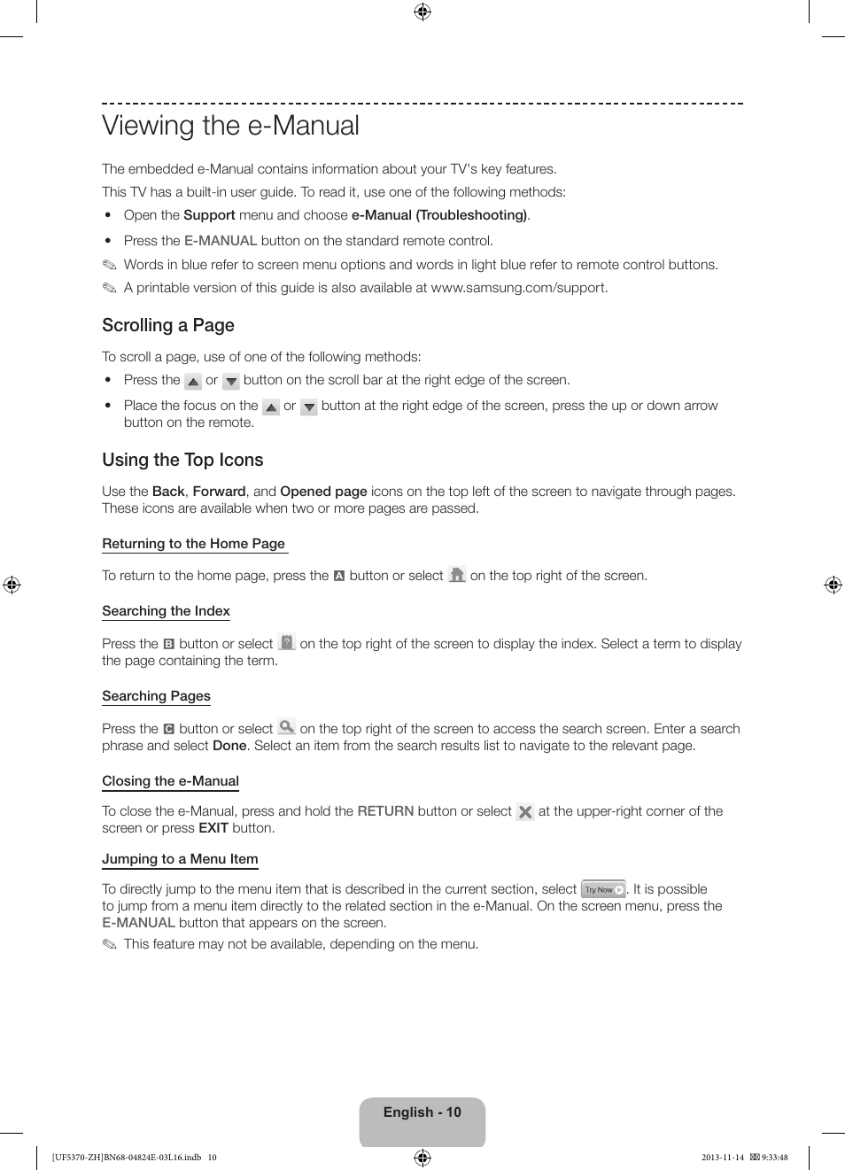 Viewing the e-manual, Scrolling a page, Using the top icons | Samsung UE40F5370SS User Manual | Page 10 / 321
