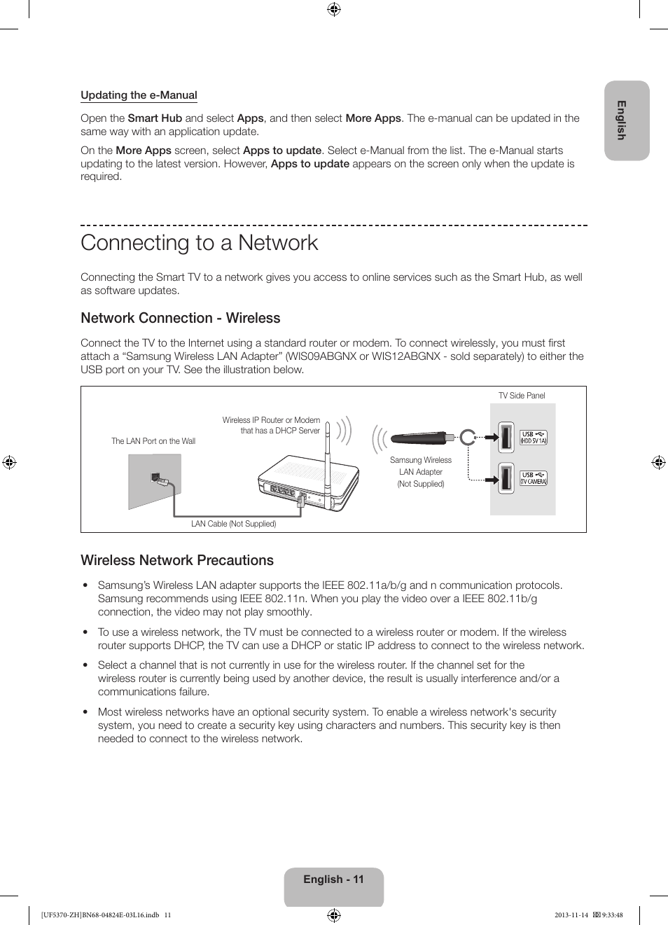 Connecting to a network, Network connection - wireless, Wireless network precautions | Samsung UE40F5370SS User Manual | Page 11 / 321