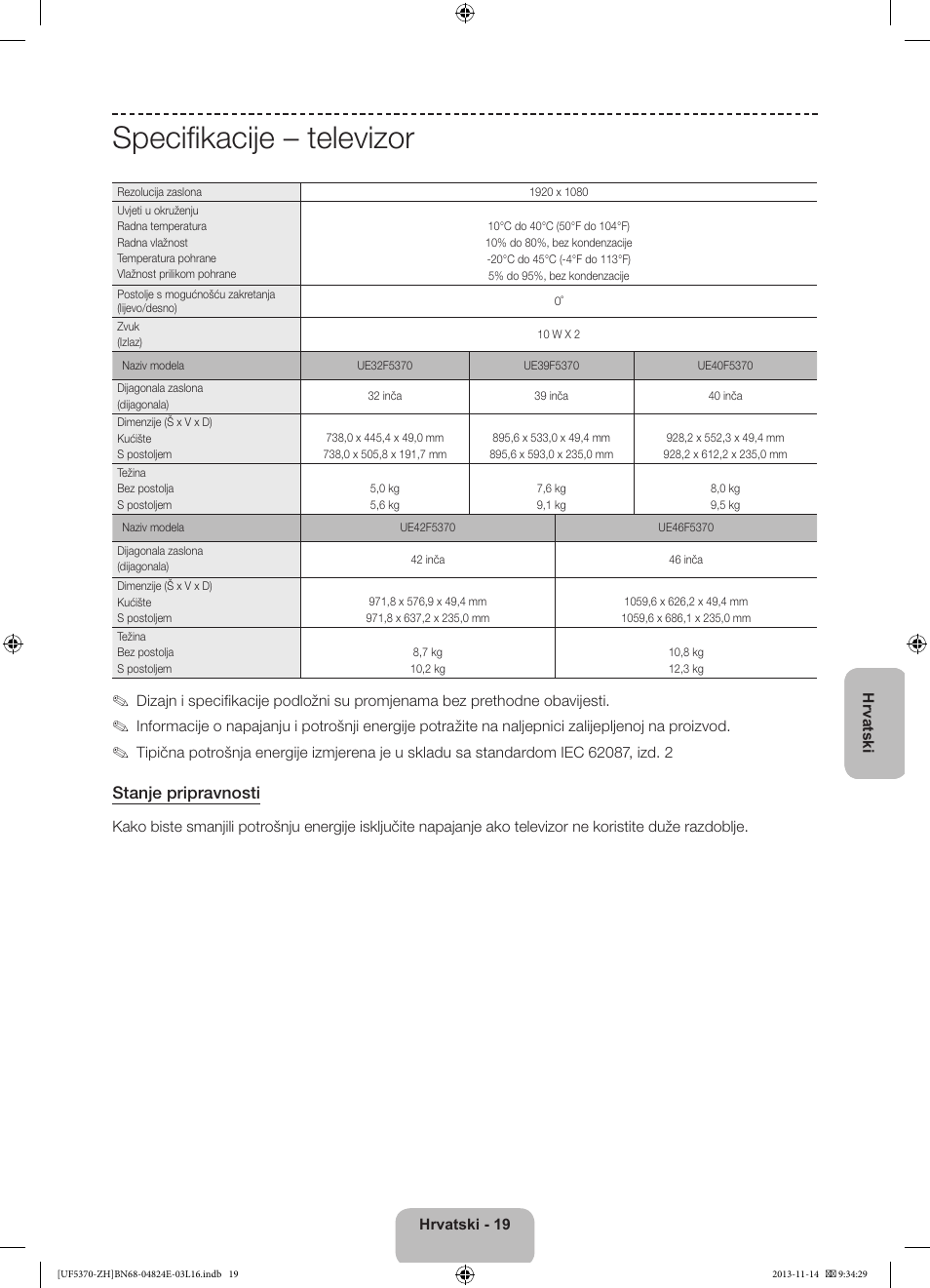 Specifikacije – televizor, Stanje pripravnosti | Samsung UE40F5370SS User Manual | Page 119 / 321