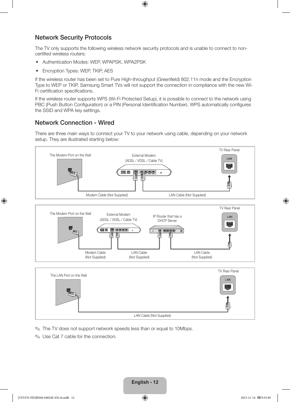 Network security protocols, Network connection - wired | Samsung UE40F5370SS User Manual | Page 12 / 321