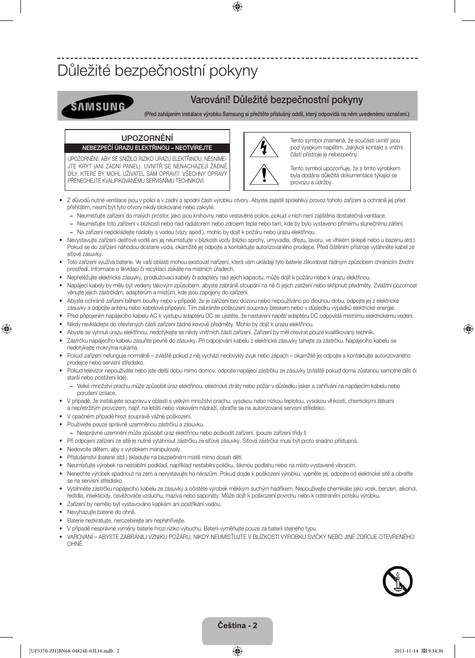 Důležité bezpečnostní pokyny, Varování! důležité bezpečnostní pokyny | Samsung UE40F5370SS User Manual | Page 122 / 321