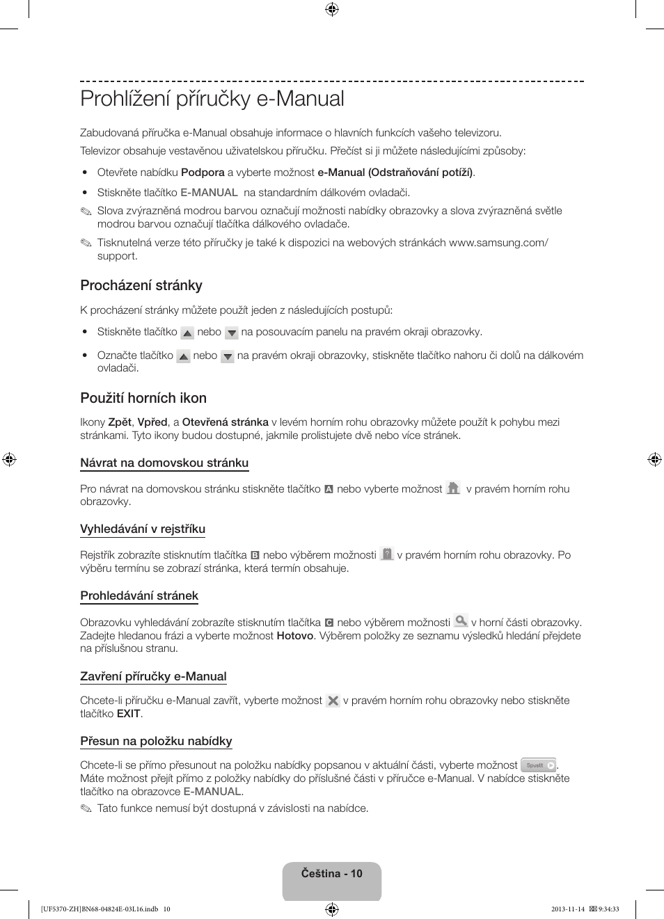 Prohlížení příručky e-manual, Procházení stránky, Použití horních ikon | Samsung UE40F5370SS User Manual | Page 130 / 321