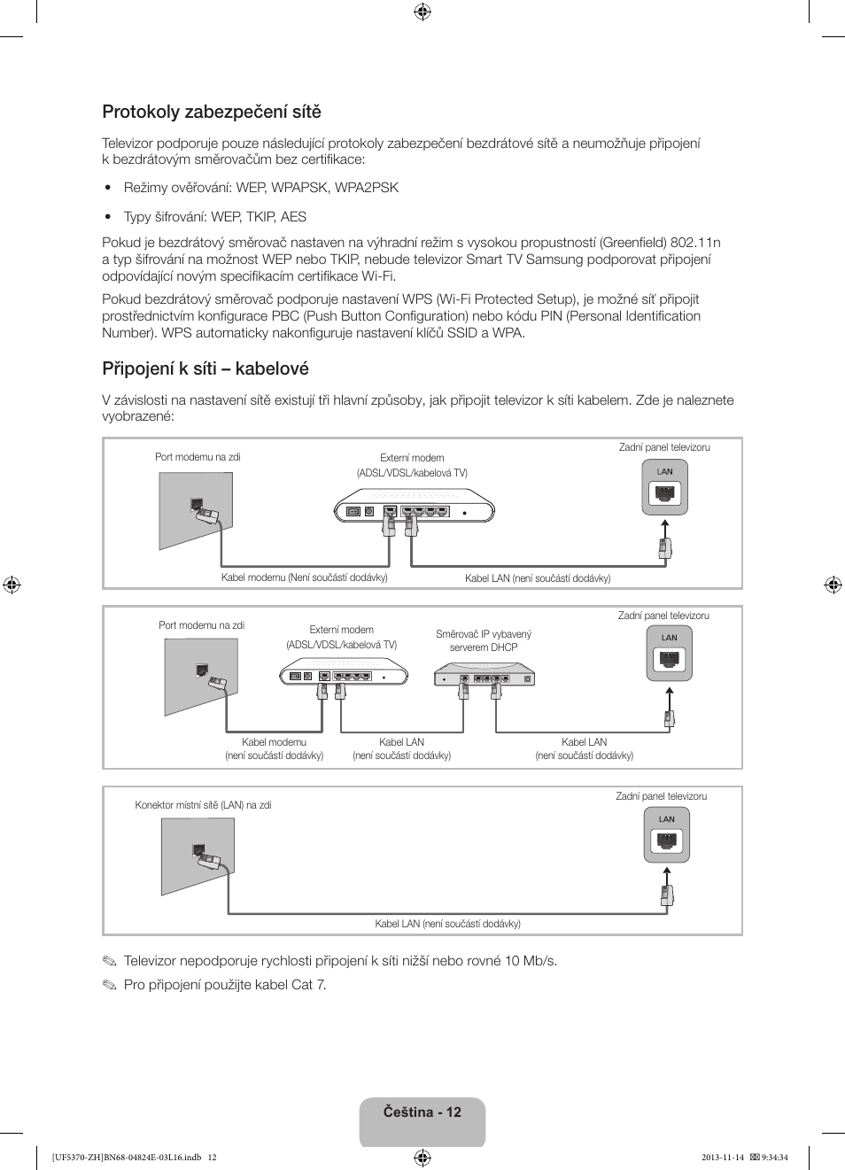 Protokoly zabezpečení sítě, Připojení k síti – kabelové | Samsung UE40F5370SS User Manual | Page 132 / 321