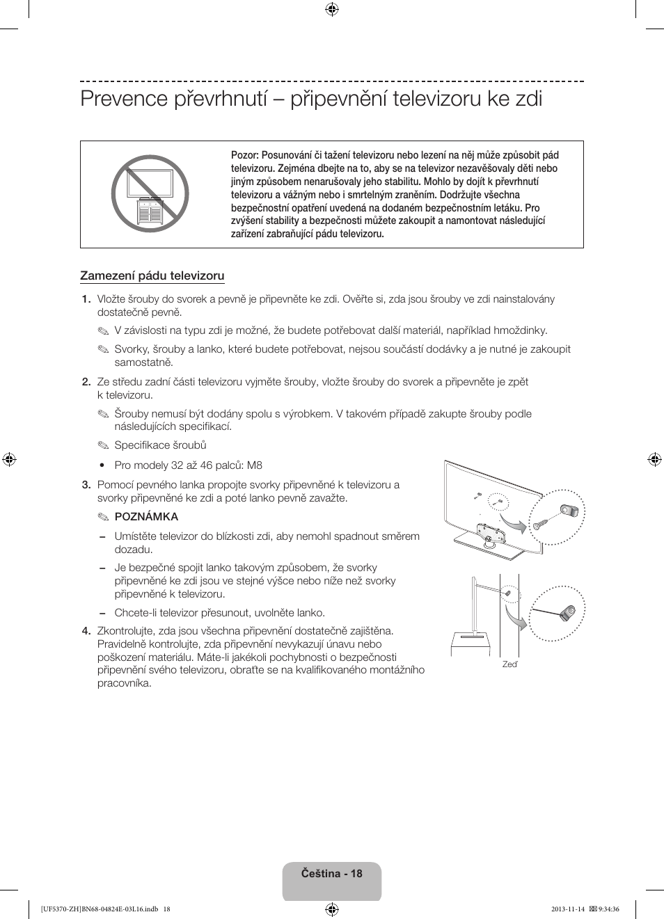 Prevence převrhnutí – připevnění televizoru ke zdi | Samsung UE40F5370SS User Manual | Page 138 / 321