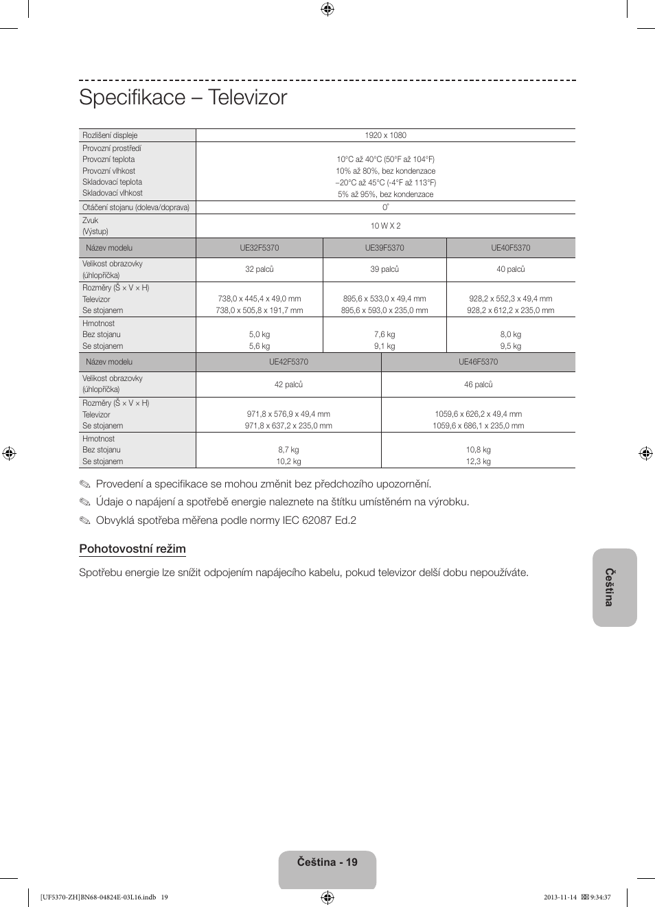 Specifikace – televizor, Pohotovostní režim | Samsung UE40F5370SS User Manual | Page 139 / 321