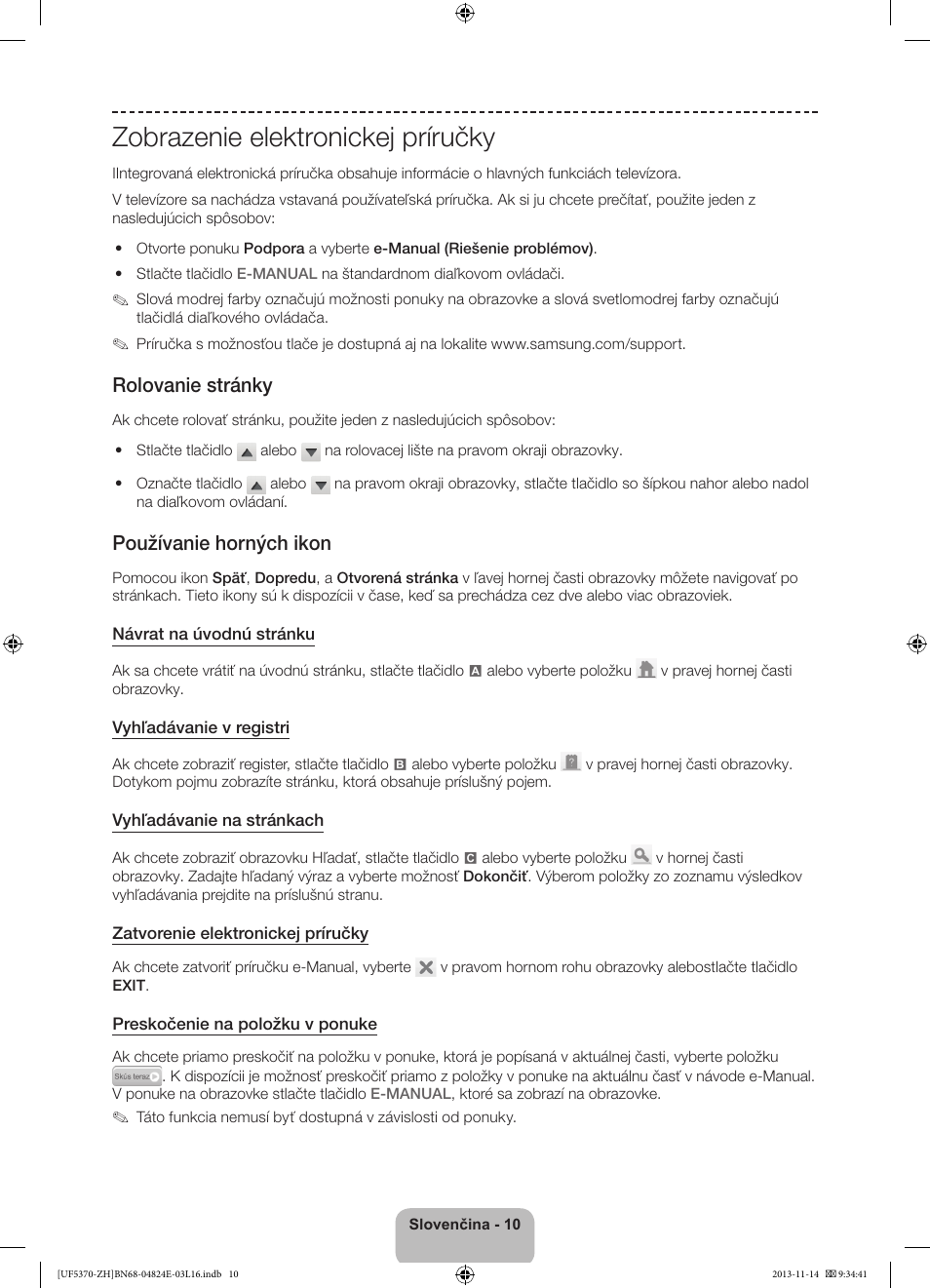 Zobrazenie elektronickej príručky, Rolovanie stránky, Používanie horných ikon | Samsung UE40F5370SS User Manual | Page 150 / 321