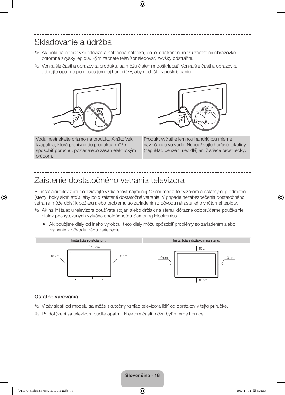 Skladovanie a údržba, Zaistenie dostatočného vetrania televízora | Samsung UE40F5370SS User Manual | Page 156 / 321