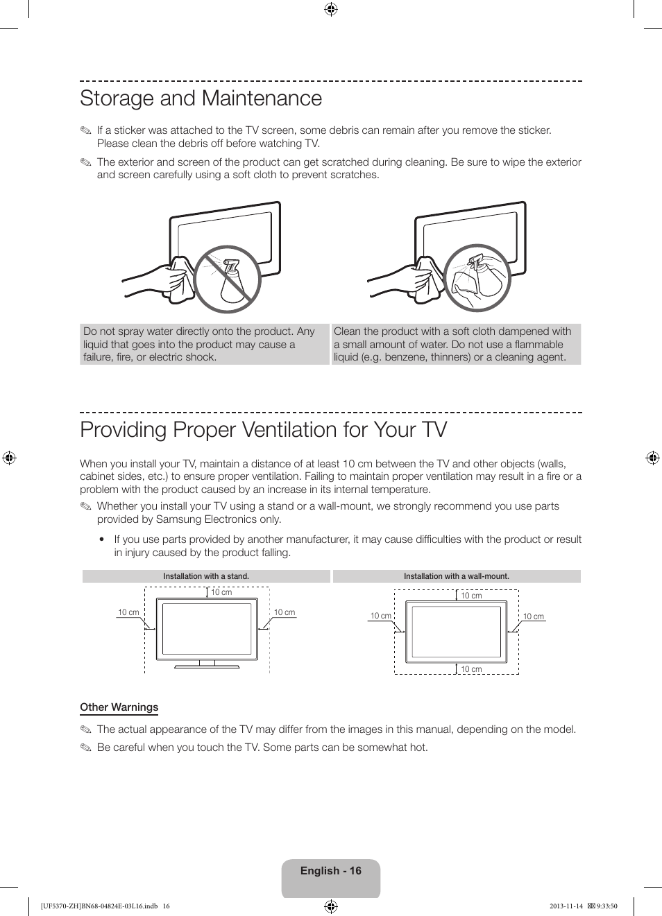 Storage and maintenance, Providing proper ventilation for your tv | Samsung UE40F5370SS User Manual | Page 16 / 321