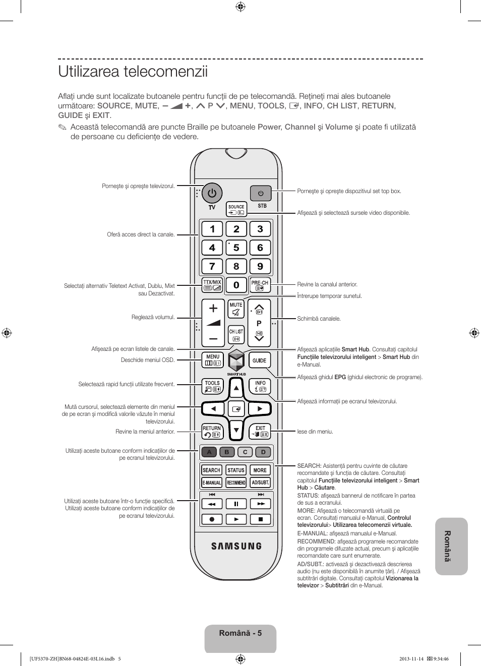 Utilizarea telecomenzii | Samsung UE40F5370SS User Manual | Page 165 / 321