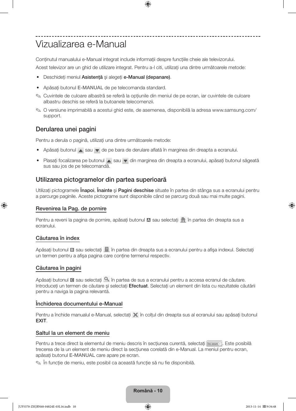 Vizualizarea e-manual, Derularea unei pagini, Utilizarea pictogramelor din partea superioară | Samsung UE40F5370SS User Manual | Page 170 / 321