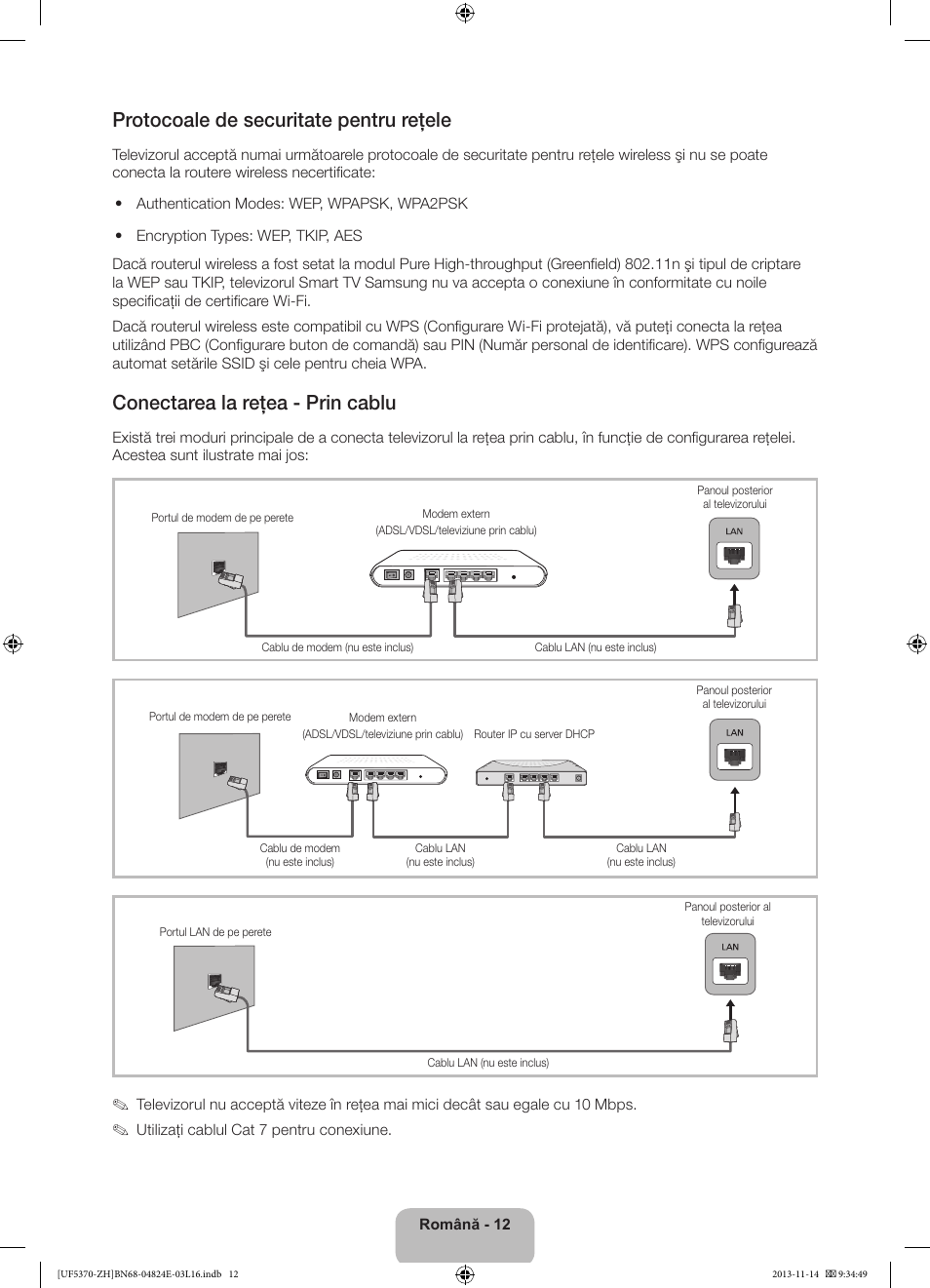 Protocoale de securitate pentru reţele, Conectarea la reţea - prin cablu | Samsung UE40F5370SS User Manual | Page 172 / 321