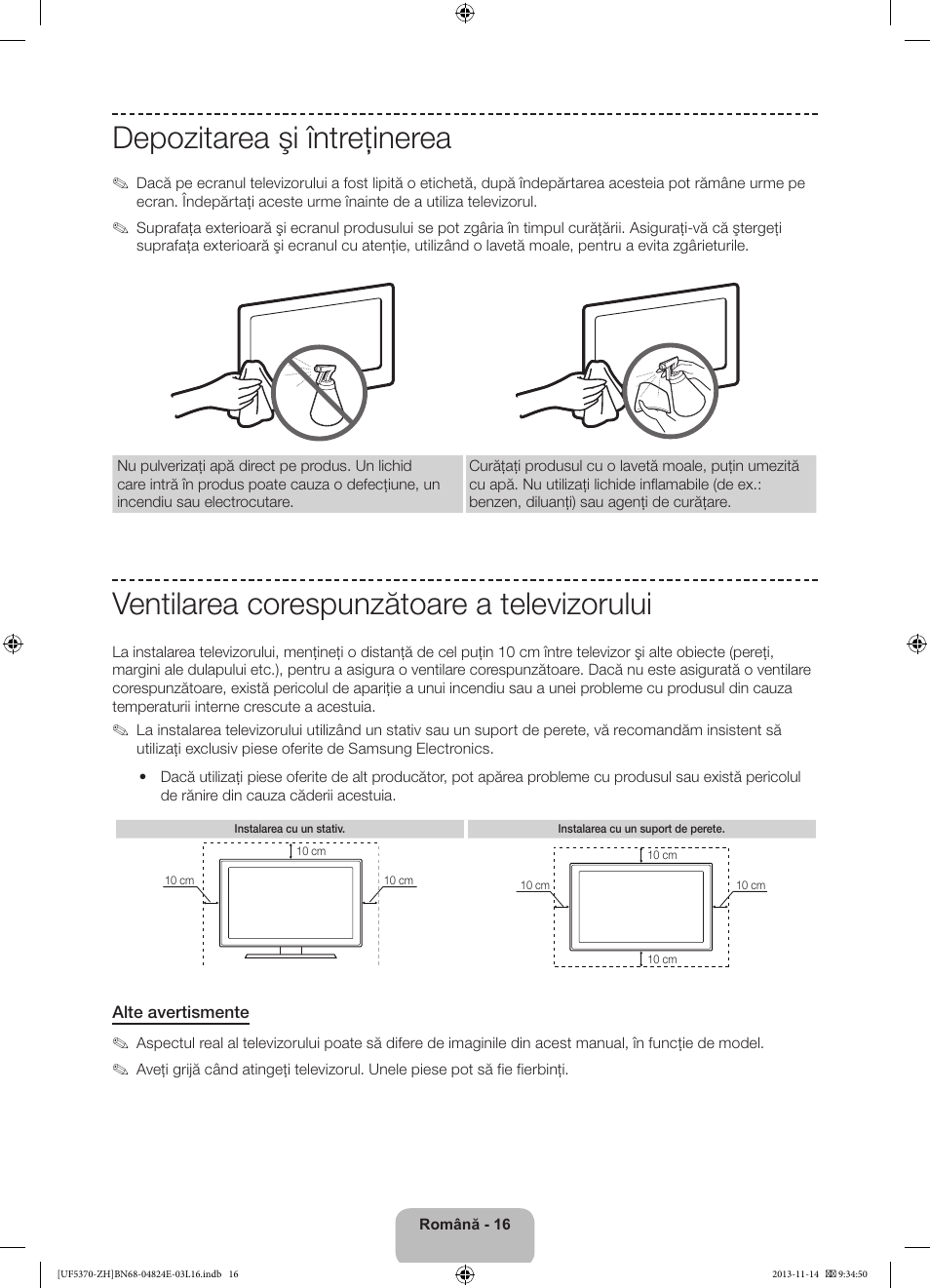 Depozitarea şi întreţinerea, Ventilarea corespunzătoare a televizorului | Samsung UE40F5370SS User Manual | Page 176 / 321