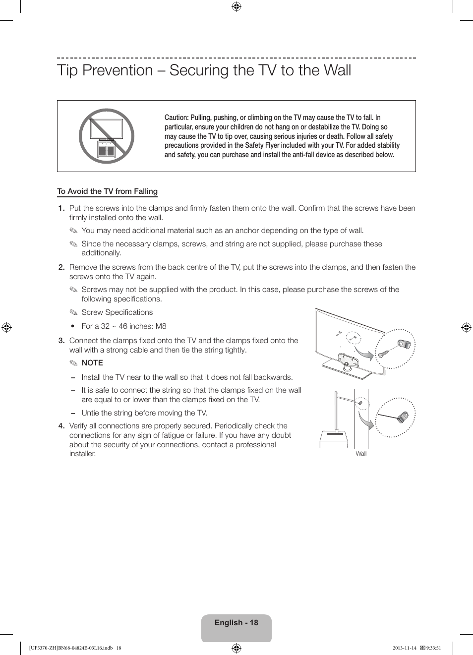 Tip prevention – securing the tv to the wall | Samsung UE40F5370SS User Manual | Page 18 / 321