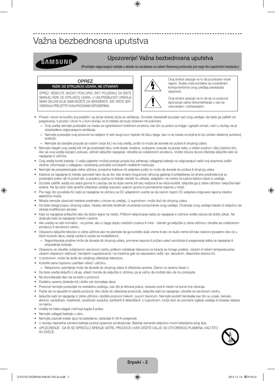 Važna bezbednosna uputstva, Upozorenje! važna bezbednosna uputstva | Samsung UE40F5370SS User Manual | Page 182 / 321